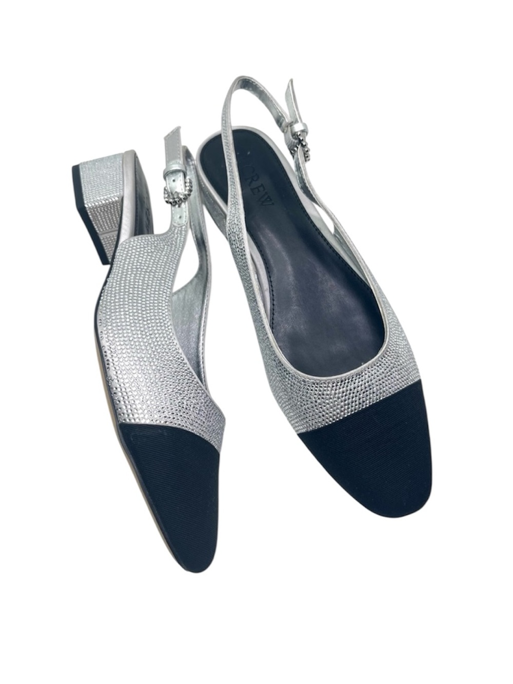 J. Crew Rhinestone Silver Black Low Block Heel Slingbacks Dress Shoes